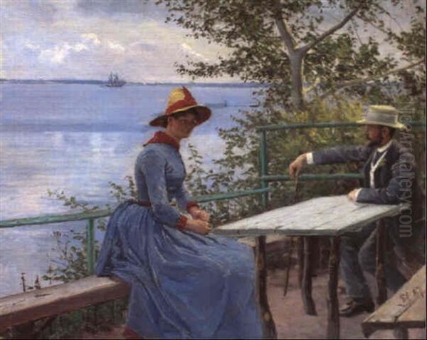 Skuespillerinden Augusta Blad Og Maleren Tom Petersen Pa En Terrasse Med Udsigt Over Vandet Oil Painting by Sigvard Hansen