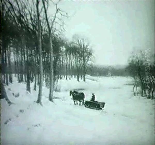 Vinterlandskab Med Hestekoretoj, Aftenskumring Oil Painting by Sigvard Hansen