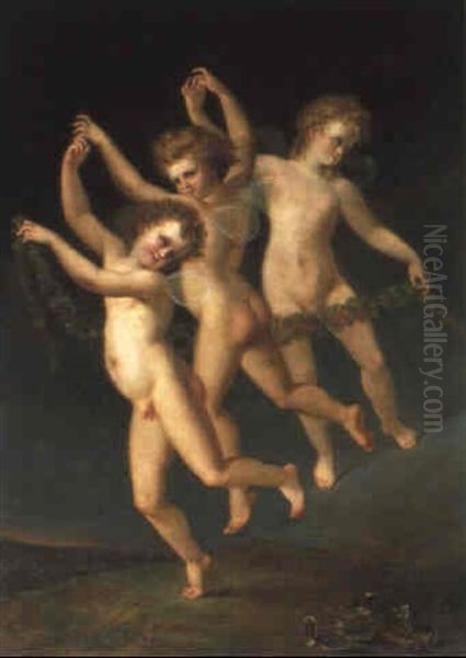 Drei Elfen Mit Einer Blumengirlande Oil Painting by Christian Heinrich Hanson