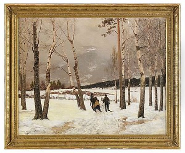 Sladfard I Vinterlandskap Oil Painting by Nils Severin Lynge Hansteen