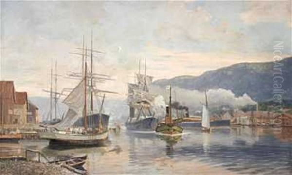 Havn Med Seilskuter Oil Painting by Nils Severin Lynge Hansteen