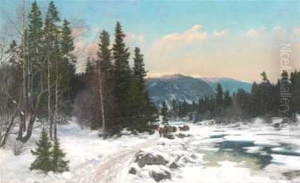Hest Og Slede I Vinterlandskap Oil Painting by Nils Severin Lynge Hansteen