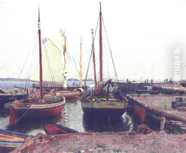 Skibe I Havn Oil Painting by Nils Severin Lynge Hansteen