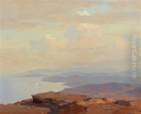 View Of The Dalmatian Coast With A Sail Boat Oil Painting by Alexei Vasilievitch Hanzen