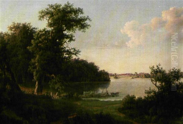 Sjaellandsk Landskab Med By Ved En So Oil Painting by Hans Georg (Smith-Harder) Harder