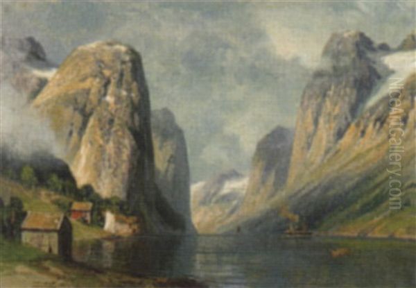 Norwegischer Fjord Mit Dampfschiff Oil Painting by Johannes Harders