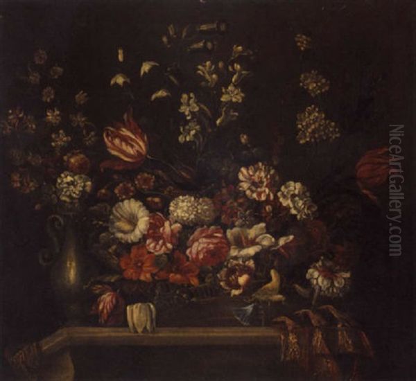 A Still Life Of Flowers In A Basket And A Vase On A Ledge Oil Painting by Pieter Hardime