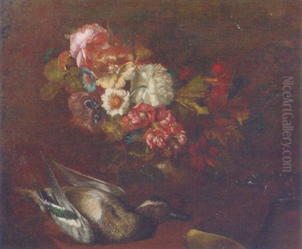 Flowers, A Dead Duck And A Shotgun On A Forest Floor Oil Painting by Pieter Hardime