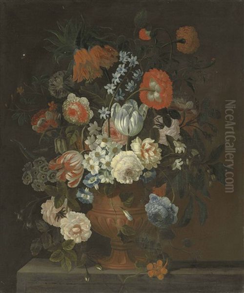 Flowers In A Terracotta Urn On A Ledge Oil Painting by Simon Hardime