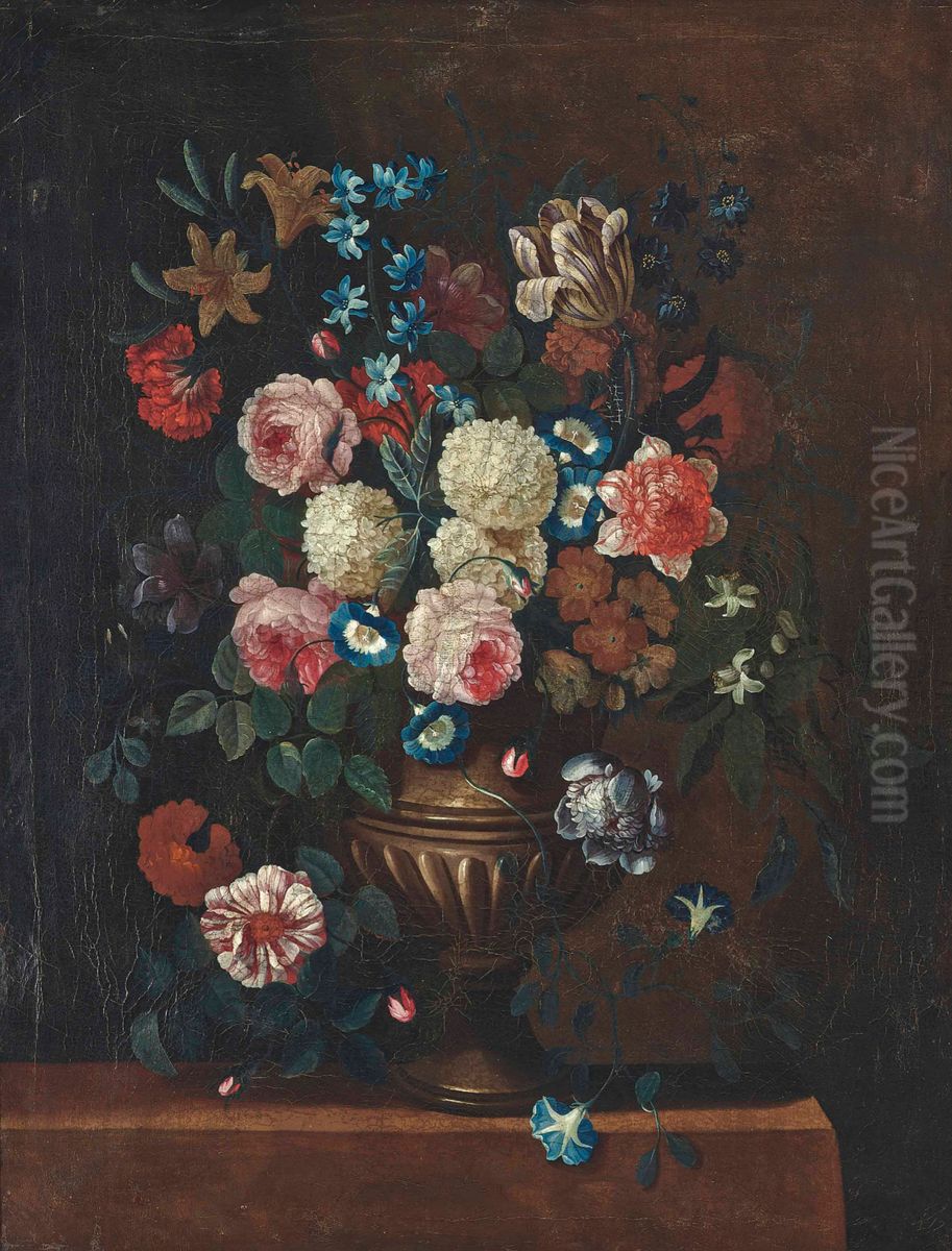 Roses, Snowballs, Convolvulus And Other Flowers In An Urn On A Stone Ledge Oil Painting by Simon Hardime