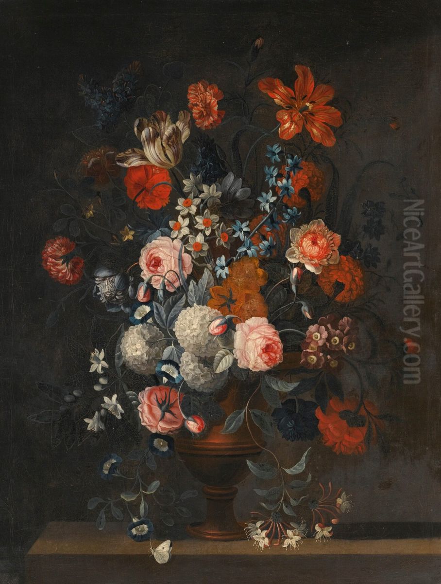 Arrangement Of Tulips, A Peonie, Forget-me-not And Other Flowers In A Vase On A Ledge Oil Painting by Simon Hardime