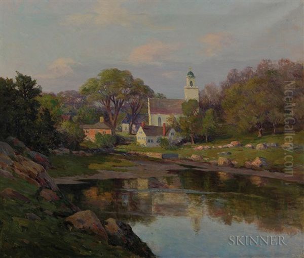 Quiet New England Village And Cove Oil Painting by Melbourne Havelock Hardwick