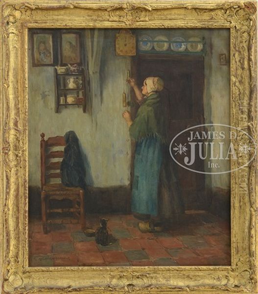 Dutch Woman And Cat In Interior Oil Painting by Melbourne Havelock Hardwick