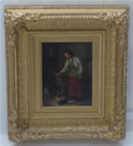 Young Girl Feeding A Dog And Two Puppies In A Cottage Interior Oil Painting by James Hardy Jr.