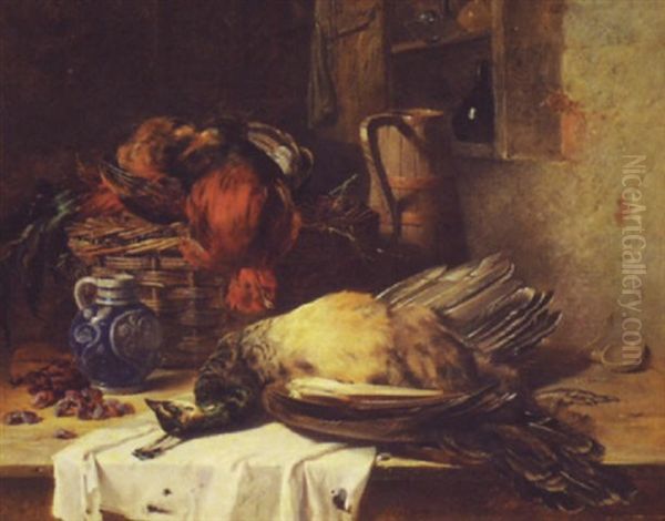 Nature Morte With Peacock And Basket Of Fowl Oil Painting by James Hardy Jr.