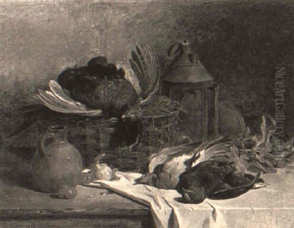 Still Life Of Fruit And Game On A Draped Table Oil Painting by James Hardy Jr.