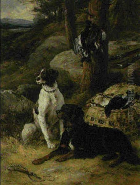 A Setter And A Pointer Waiting With The Bag Oil Painting by James Hardy Jr.