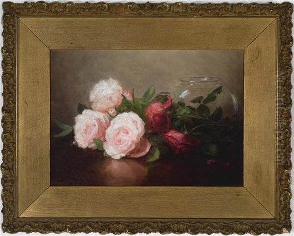 Three Pink Roses, Two Pink Rosebuds, And Two Red Roses Beside A Glass Bowl Oil Painting by Anna Eliza Hardy