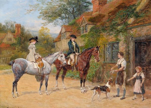 Lady And Gentleman On Horseback Beside A Blacksmith's Forge Oil Painting by Heywood Hardy