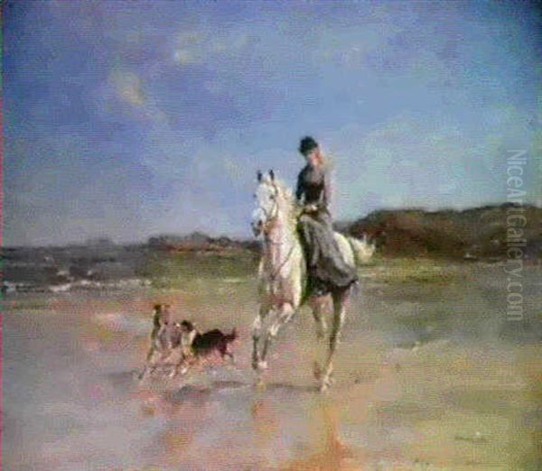 A Girl On A Grey Horse Cantering With Two Dogs On  A Windswept Beach  A Couple Riding Towards A Sea View Oil Painting by Heywood Hardy