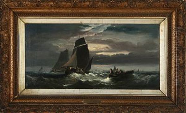 Seascape With Sailing Ships In The Evening Oil Painting by Thomas Bush Hardy