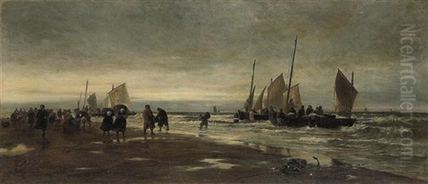 Dutch Fisherfolk Unloading The Day's Catch Onto The Beach At Scheveningen Oil Painting by Thomas Bush Hardy