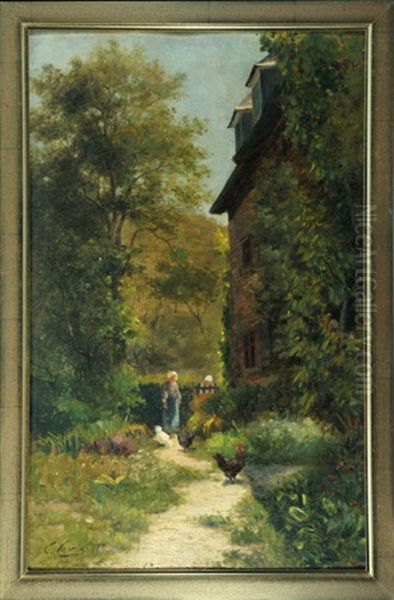 Haus Mit Zwei Personen Und Huhnern Im Hinterhof Oil Painting by Ernest Hareux