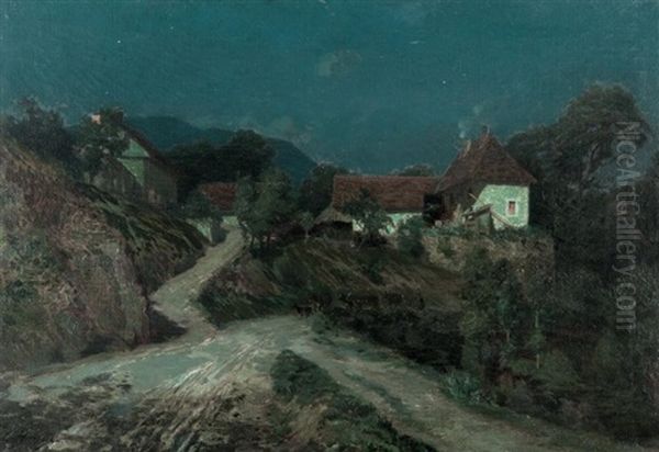 Nuit De Lune Sur Le Village (saint-pierre D'entremont ?) Oil Painting by Ernest Hareux