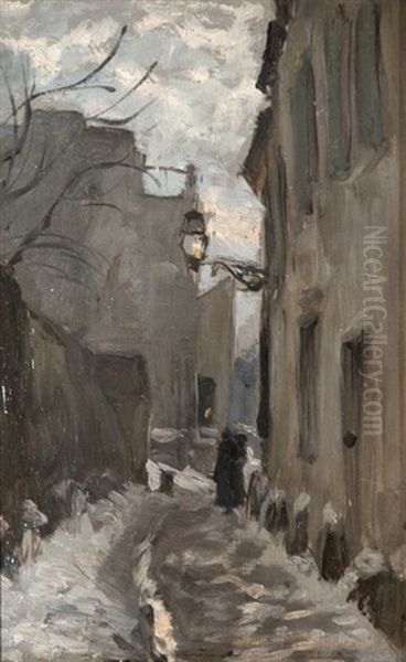 Paris, Une Rue A Montmartre, Effet De Neige Oil Painting by Ernest Hareux