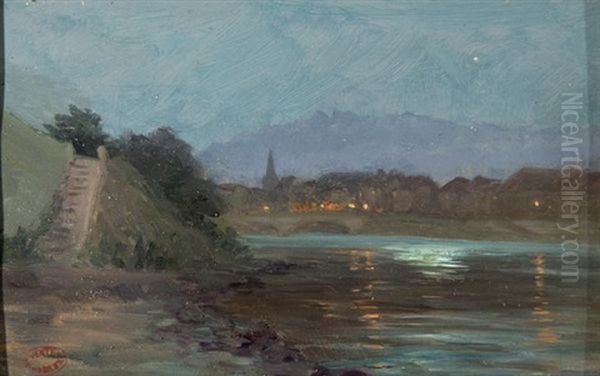 Route De L'hopital, Pres Du Quai De France, Le Soir A Grenoble Oil Painting by Ernest Hareux