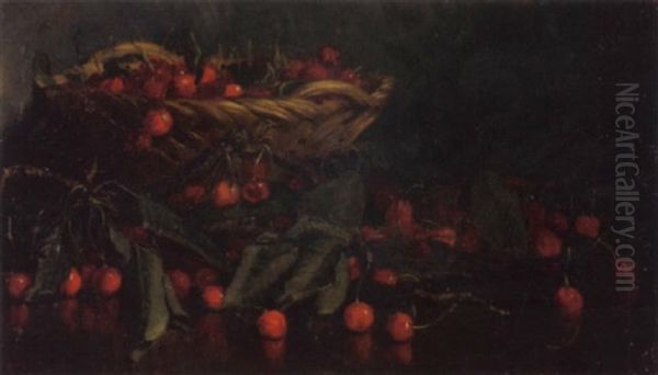 Stilleben Mit Kirschenzweigen Und Kirschen In Flechtkorb Oil Painting by Ernest Hareux