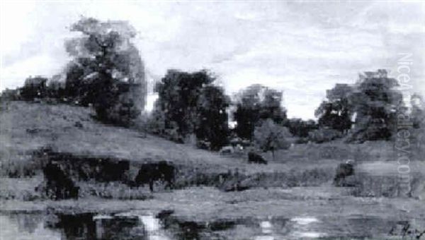 Uferlandschaft Mit Kuehen Oil Painting by Ernest Hareux
