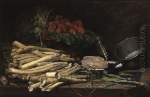 Stilleben Mit Spargel, Zwiebeln, Fleisch Und Einem Korb Oil Painting by Ernest Hareux