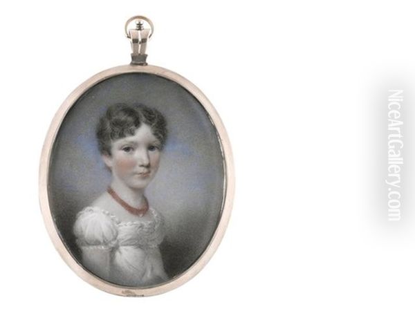 A Young Girl, Wearing White Dress And Multi-stranded Coral Necklace, Her Hair Parted And Cut Short Oil Painting by Hargreaves, Thomas