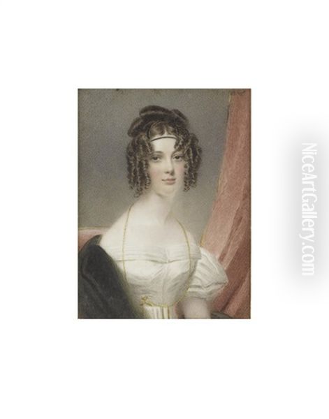 A Lady, Called Clementina Herbert Nee Beckwith (d.1864), Seated Before Red Drapery And Wearing White Decollete Dress, Her Black Stole Draped Over Her Right Shoulder Oil Painting by Hargreaves, Thomas