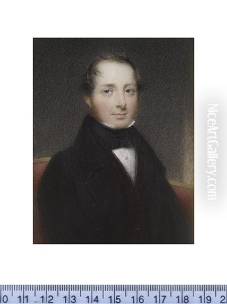 A Gentleman, Seated On A Crimson Upholstered Chaise-longue, Wearing Black Coat, Plum Waistcoat, White Chemise And Black Tied Stock Oil Painting by Hargreaves, Thomas