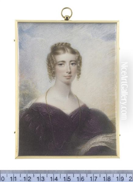 A Lady, Called Anne Foster, Wearing Purple Gown With Bouffant Sleeves, A White Lace Shawl Draped About Her Her And A Long Gold Chain Suspended From Her Neck And Tucked Into Her Waist Belt Oil Painting by Hargreaves, Thomas