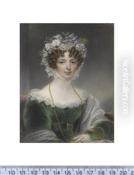 A Lady, Seated On A Plum Upholstered Chaise-longue, Wearing Green Dress With Bouffant Sleeves And Double-tiered White Lace Trim, Her White Shawl Draped About Her Arms Oil Painting by Hargreaves, Thomas