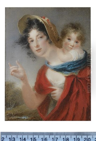A Lady, Called Mrs Mary Whitehouse Nee Lake (1774-1865) Carrying Her Daughter, Clarissa Barbara, On Her Back Oil Painting by Hargreaves, Thomas