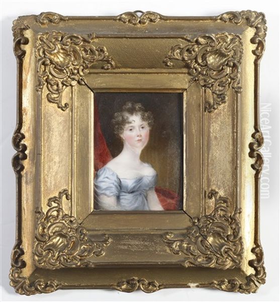 A Lady, Called Elizabeth Bold, Seated Before Red Drapery And Wearing Pale Blue Decollete Dress With Cap Sleeves Oil Painting by Hargreaves, Thomas