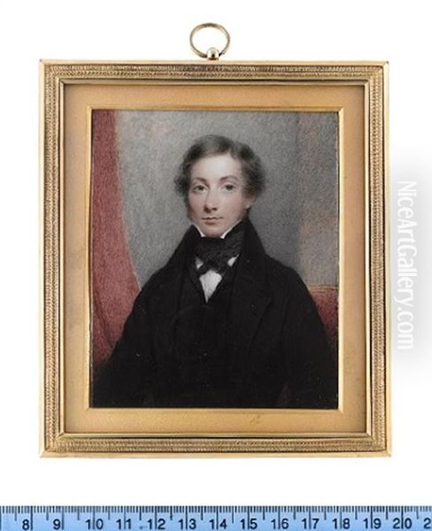 A Gentleman, Seated On A Red Upholstered Chair, Wearing Black Coat, Waistcoat, White Chemise, Black Stock And Tie Oil Painting by Hargreaves, Thomas