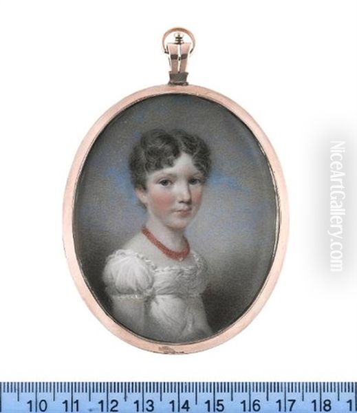 A Young Girl, Wearing White Dress, Multi-stranded Coral Necklace, Her Hair Parted And Cut Short Oil Painting by Hargreaves, Thomas
