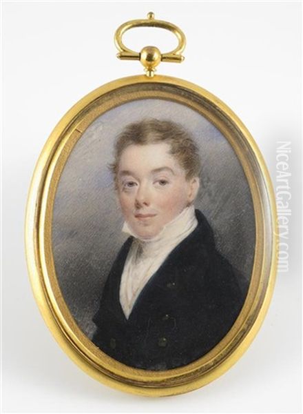 A Gentleman, Head And Shoulders, Facing Left In A Blue Coat And White Stock Oil Painting by Hargreaves, Thomas