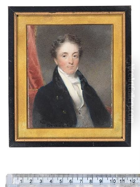 A Gentleman, Seated On A Red Upholstered Chair, Wearing Blue Coat, Cream Waistcoat And White Cravat, Red Curtain Background Oil Painting by Hargreaves, Thomas