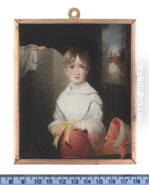 The Artist's Daughter, Mary, As A Young Girl, Wearing Coral Skirt, White Blouse, Yellow Sash, Coral Lined Bonnet On Table By Her Left Oil Painting by Hargreaves, Thomas
