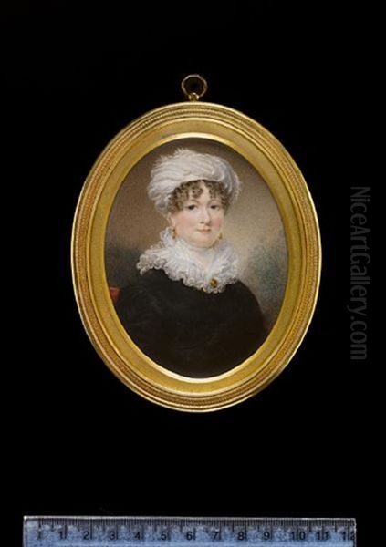 A Lady, Seated On A Red Chair, Wearing Black Dress, White Ruff Collar Held With Red Brooch, Gold Pendent Earrings And White Turban In Her Curled Hair Oil Painting by Hargreaves, Thomas