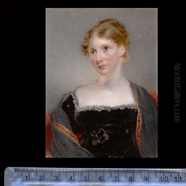 A Lady, Seated On A Red Upholstered Chair, Wearing Black Dress Trimmed With White Lace, Dark Grey Shawl With Red Border, Her Brown Hair Curled And Upswept Oil Painting by Hargreaves, Thomas