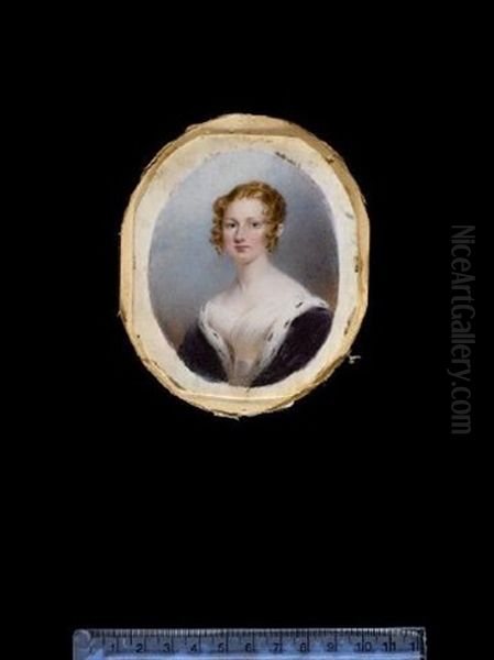 A Lady, Wearing Purple Velvet Robe Trimmed With Ermine Over White Dress, Her Hair Upswept And Dressed In Ringlets Oil Painting by Hargreaves, Thomas