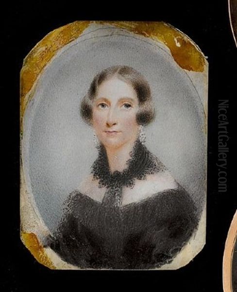 A Lady, Wearing Decollete Black Dress With Lace Bertha And Tied Black Scarf, Pendent Earrings, Her Hair Upswept Oil Painting by Hargreaves, Thomas