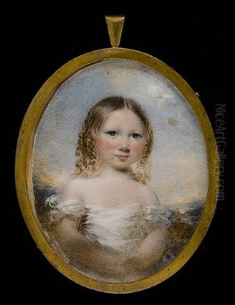 A Young Girl, Wearing White Dress, Her Hair Dressed In Ringlets, Seated In A Landscape Oil Painting by Hargreaves, Thomas